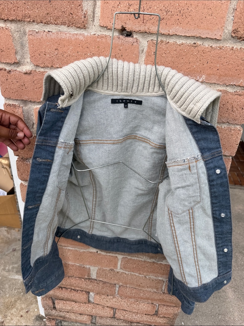 Theory Indigo Denim Jacket with Cream Knit Collar - Picture 3 of 7